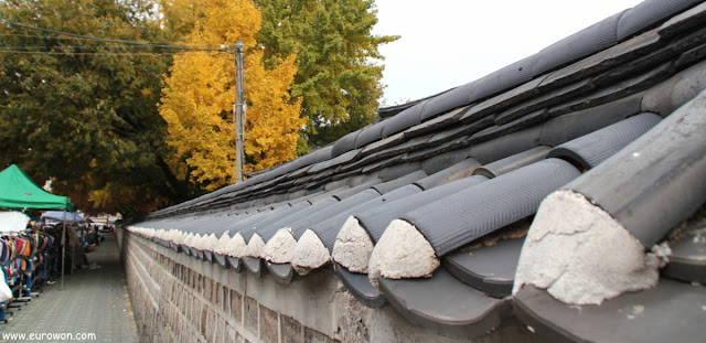 Muro con tejadillo tradicional coreano en otoño