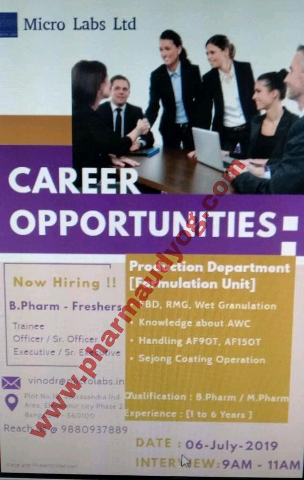 Micro Labs Walkin interview for Production 6 July 2019 Bangalore