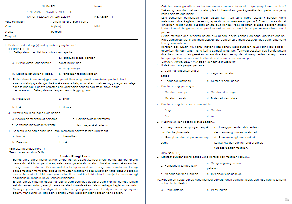 Soal UTS kelas 5 SD/MI Tema 6 Subtema 12