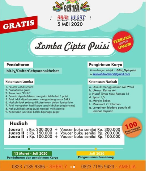 Lomba Menulis Puisi Nasional 2020, Gratis
Lomba Menulis Puisi Nasional 2020, Gratis