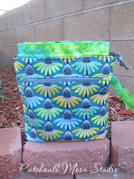 Patchouli Moon Studio~ Large Drawstring Project Knitting Bag in Echinacea Fabric
