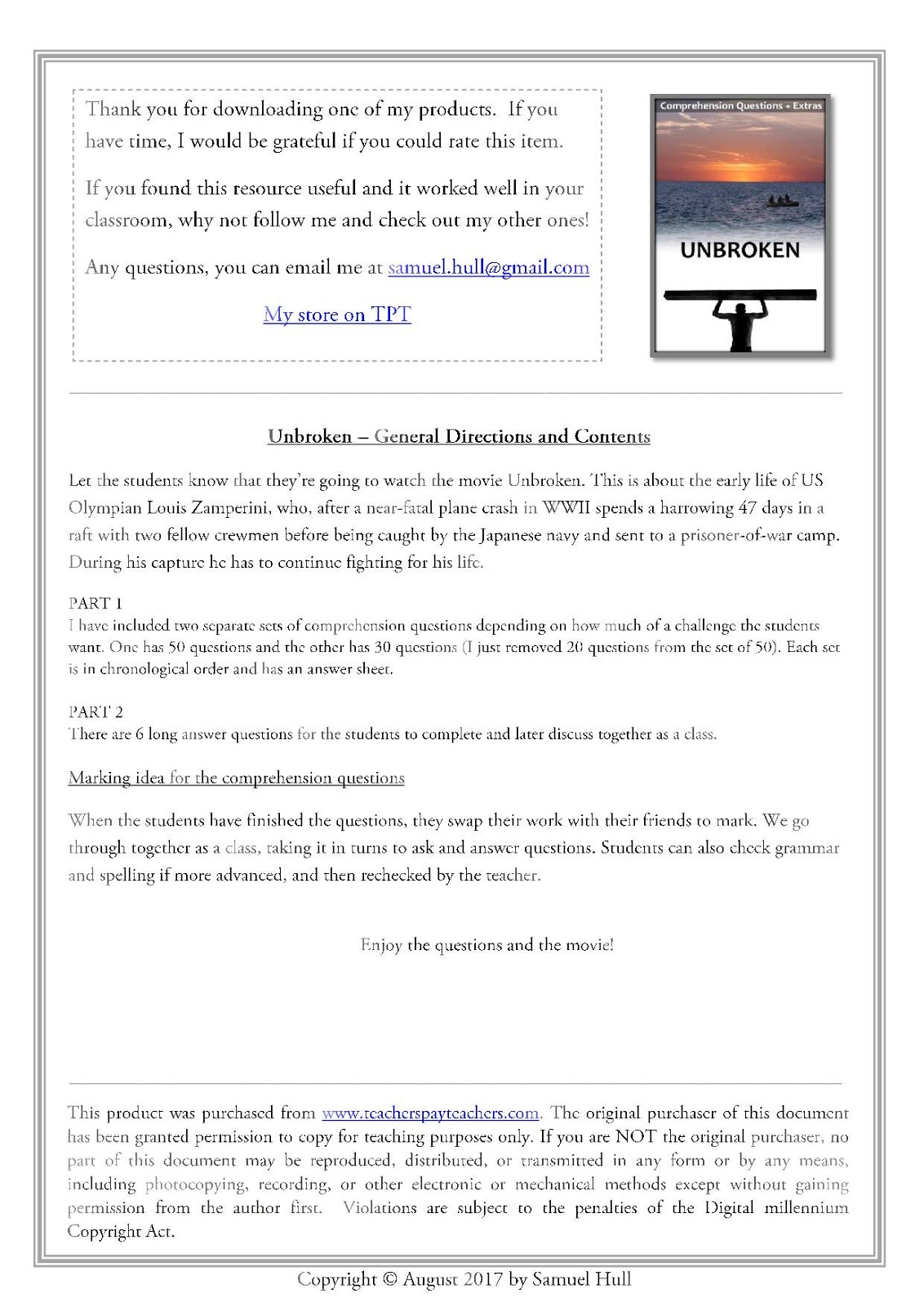 Unbroken (2014) Movie Questions + Activities Answer Keys Included