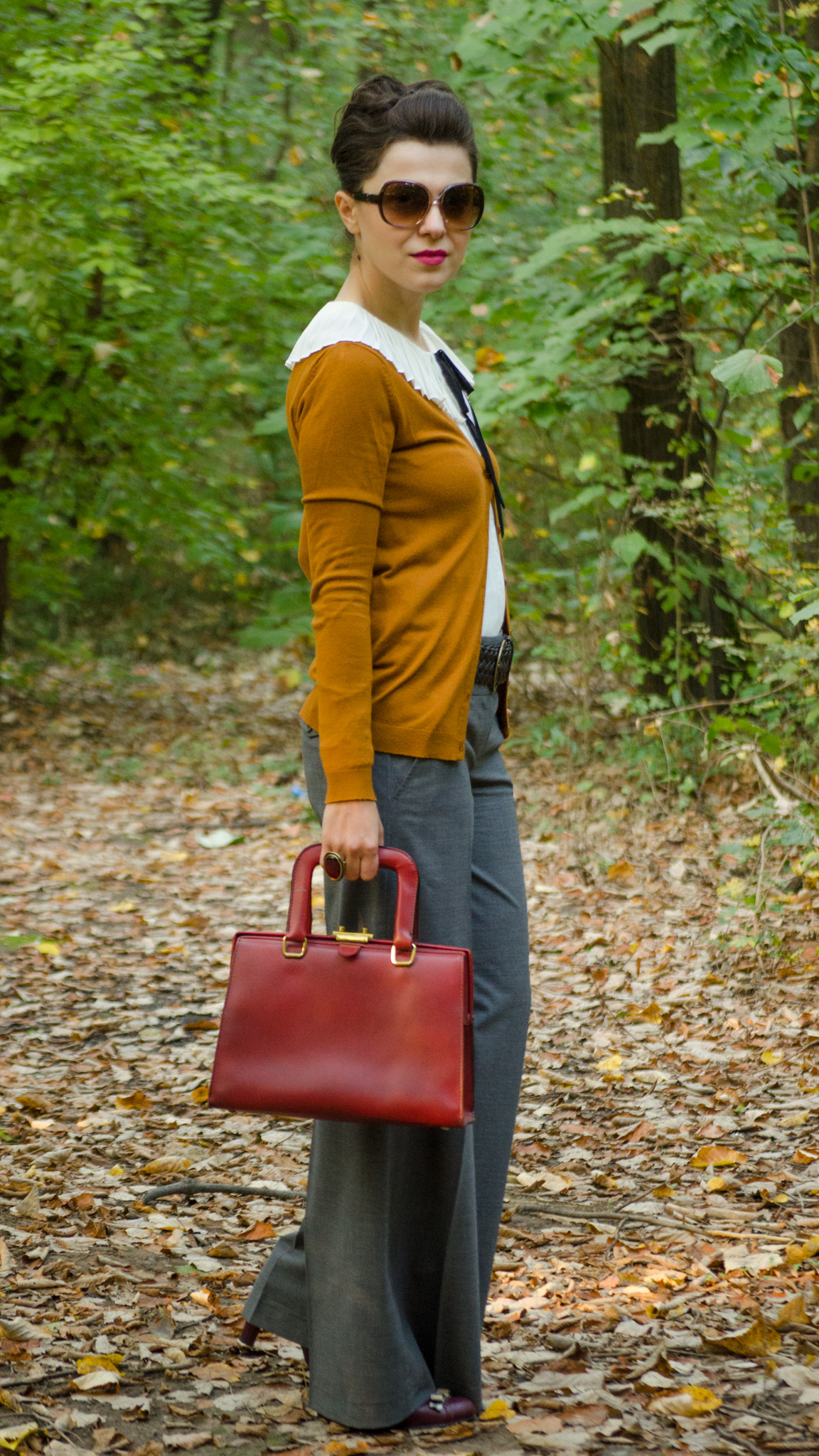 grey flare pants peter pan collar ivoire shirt black bow tie burgundy bag autumn outfit forest cardigan