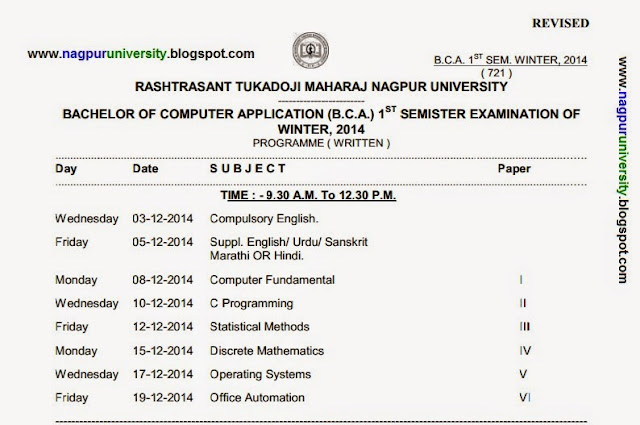 Nagpur University B.C.A 1st Sem Revised ( New ) Time Table Winter 2014