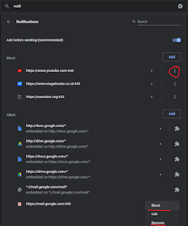 klik tombol 3 vertikal lalu pilih block atau remove untuk menghilangkan notifikasi