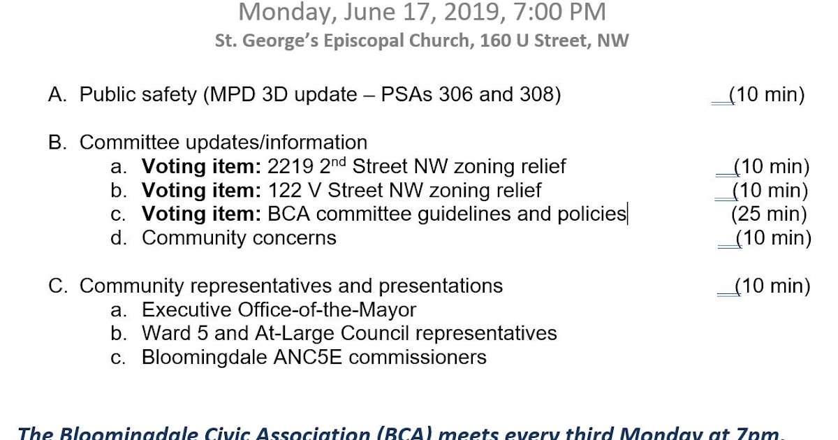bloomingdale the Bloomingdale Civic Association meeting agenda tonight includes two zoning