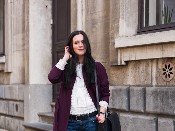 Outfit: eggplant robe coat, Edwardian blouse and boyfriend jeans