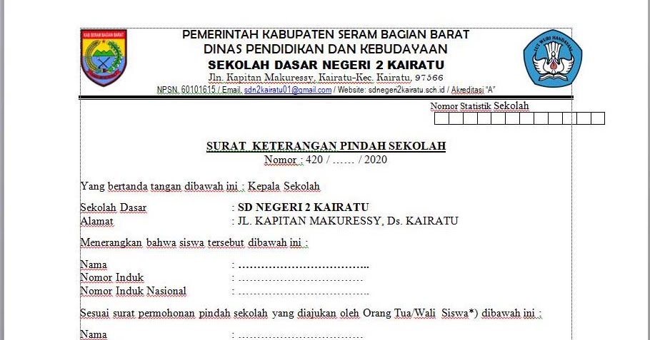 FORMAT PERMOHONAN DAN SURAT KETERANGAN PINDAH SEKOLAH ...