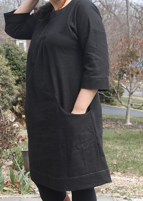 A black linen dress made using the Lisette Portfolio/Simplicity 2245 sewing pattern.
