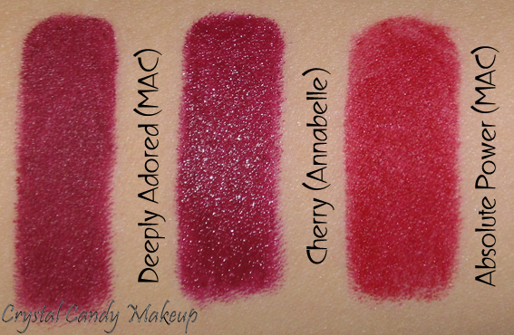 Crayon rouge à lèvres TwistUp Cherry d'Annabelle - Review - Swatch - MAC Deeply Adored - Absolute Power