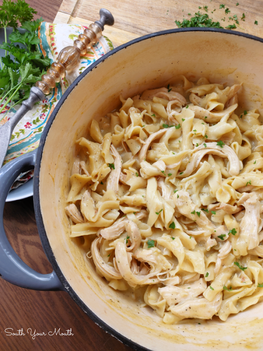 Chicken & Noodles (Stove-Top or Crock Pot) - This one-pot recipe for creamy chicken with egg noodles made with just 5 ingredients (plus salt & spices) is the best for comfort food made easy!