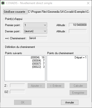 calculs de nivellement, cheminement simple, cheminement aller-retour,  cheminement encadré, GéoBase, points connus, point connu en Z, méthode de calcul, autocad covadis, cheminement lancé, topographie, polygonation topographie,