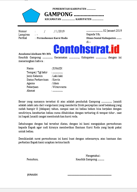 Contoh Terbaik Surat Permohonan Kursi Roda Pada Dinas Sosial