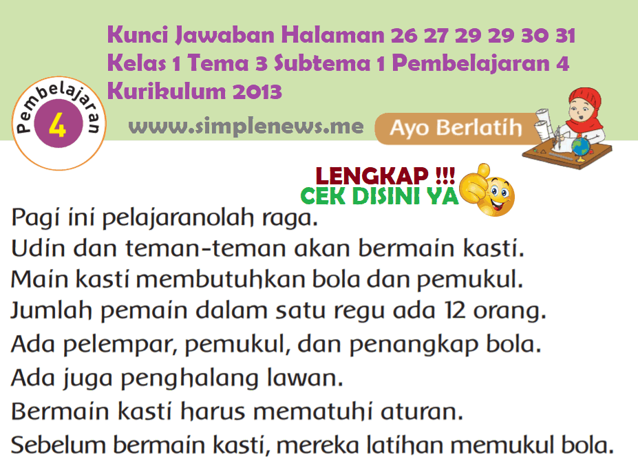 Kunci Jawaban Halaman 26 27 29 29 30 31 Kelas 1 Tema 3 Subtema 1 Pembelajaran 4 Kurikulum 2013 www.simplenews.me