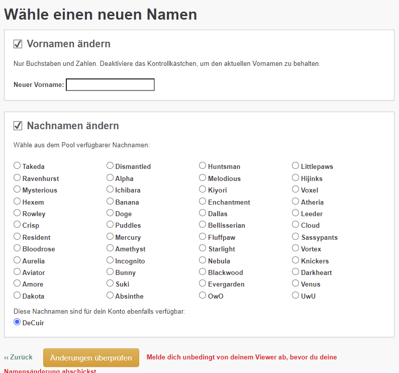Neue limitierte Nachnamen und allgemeine Fragen