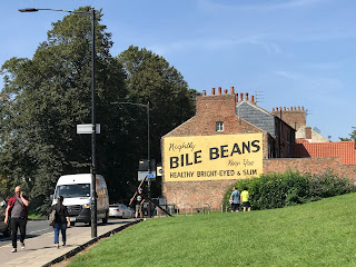 A picture of a red, brick building by a road.  There is a yellow sign painted on it with black lettering that reads - Nightly Bile Beans keep you Healthy Bright-Eyed & Slim.  Photo by Kevin Nosferatu for the Skulferatu Project.