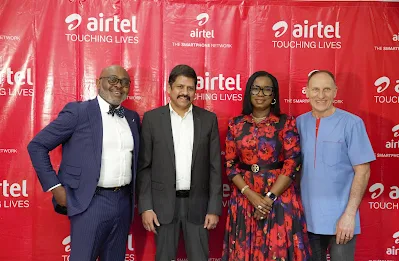 L-R: Director, Corporate Communications and CSR, Airtel Africa, Emeka Oparah; Chief Executive Officer & Managing Director, Airtel Nigeria, Surendran Chemmenkotil; Director: Human Resources and Administration, Airtel Nigeria, Adebimpe Ayo- Elias and Producer of Airtel Touching Lives, Spero Patricios during the press conference to announce the commencement of Airtel Touching Lives Season 7 in Lagos, Tuesday.