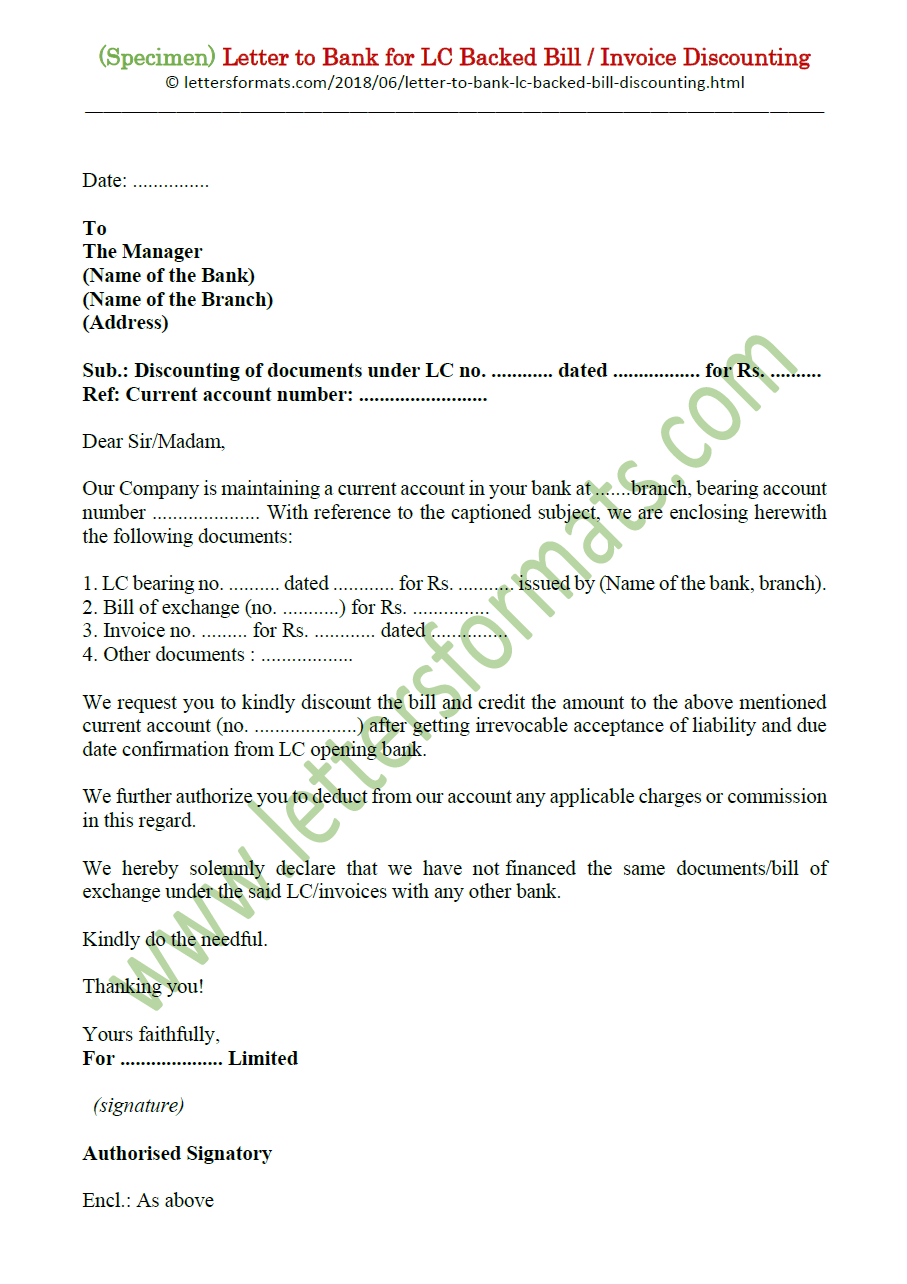 Request Letter to Bank for LC Backed Bill / Invoice Discounting