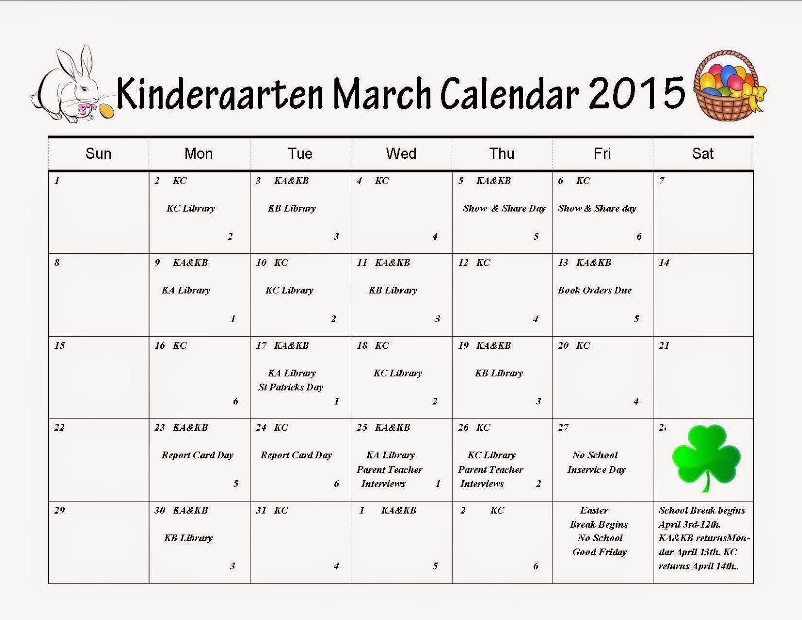 Mrs. Kulcsar's Kindergarten Korner March Calendar