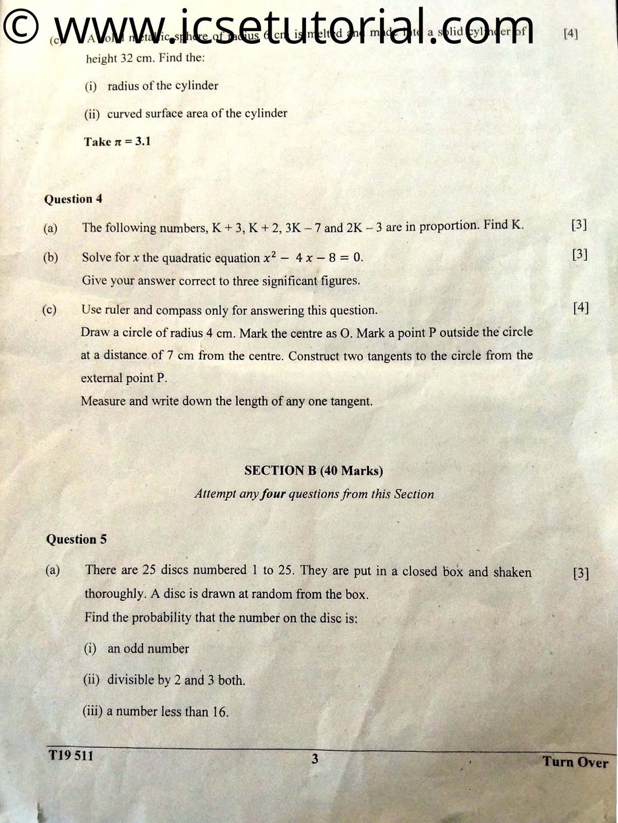 ICSE Tutorials ICSE10Previous Year Question Paper 2019Mathematics