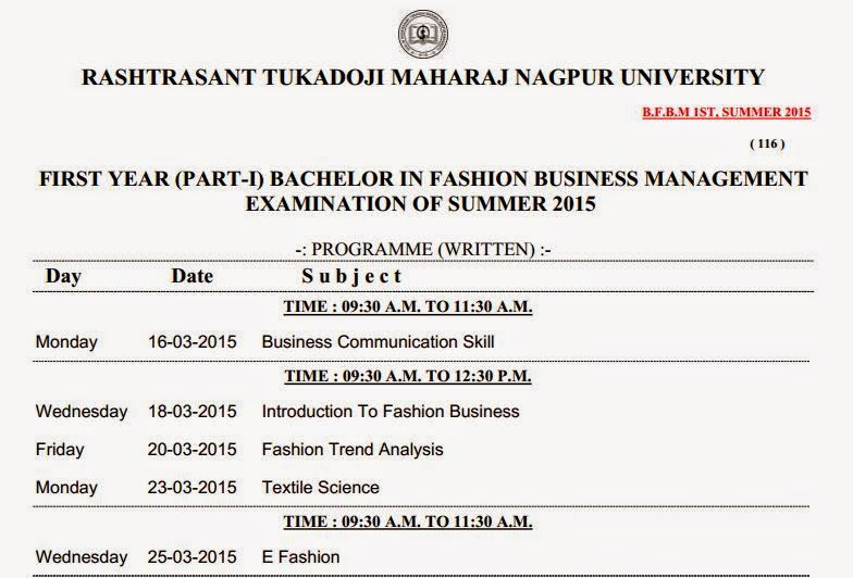 First Year (Part-I) Bachelor in Fashion Business Management Time Table Summer 2015