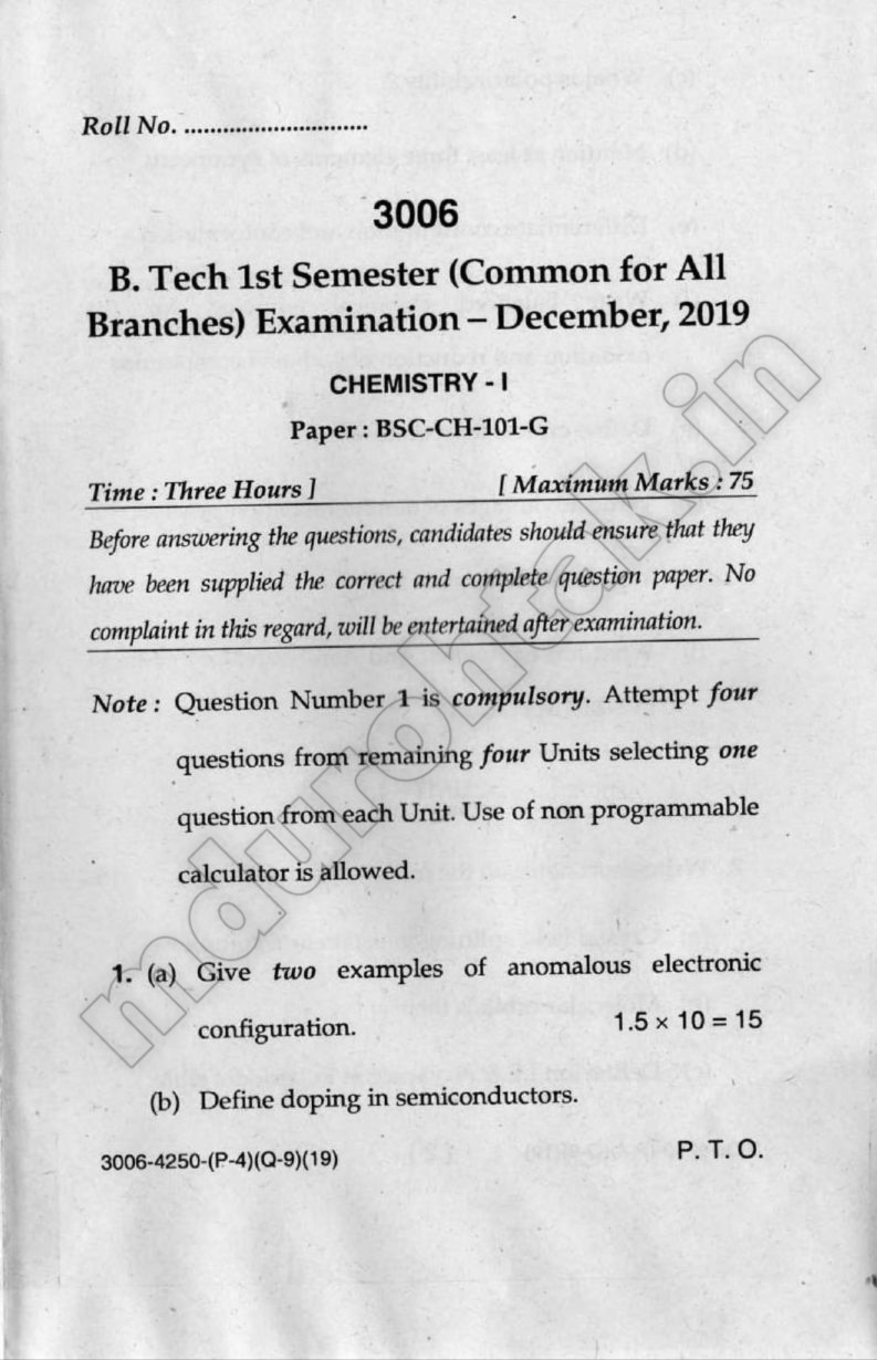 Chemistry1 Question Paper B.Tech 1st Year December 2019