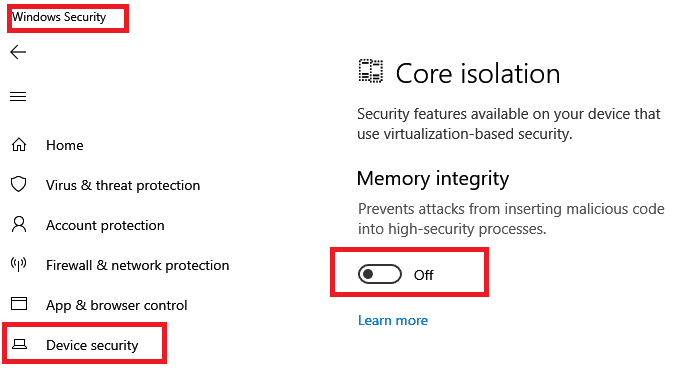 Turn off Memory Integrity Protection to Continue to Update Windows 10