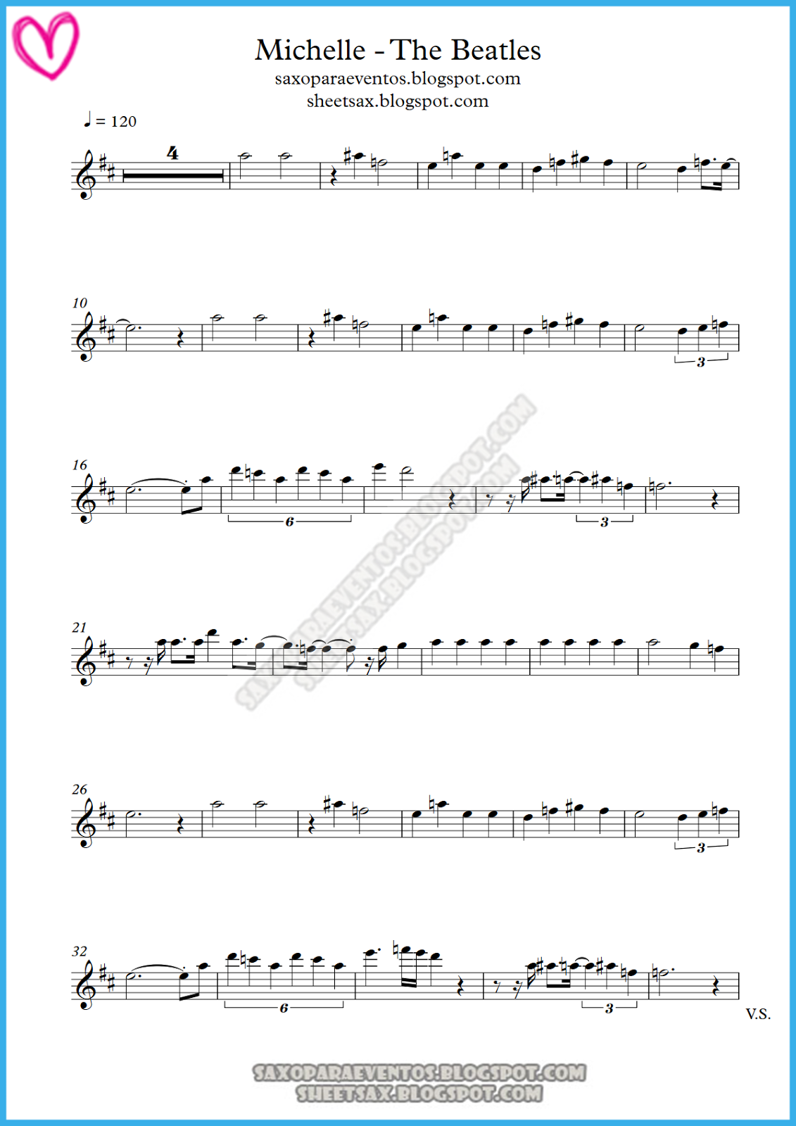 Music score of Michelle by "The Beatles" for sax, trumpet,