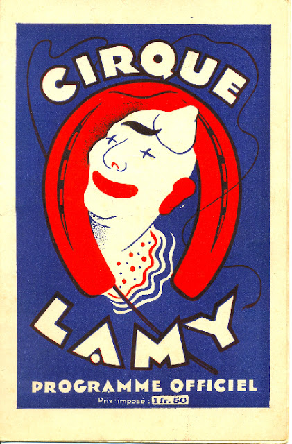 Programme papier a la couverture rouge et bleu du cirque Français Lamy