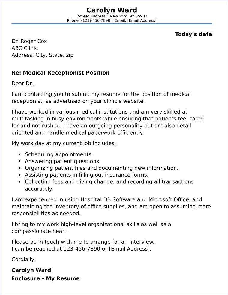 Medical Receptionist Cover Letter Examples No Experience | Sample Letter