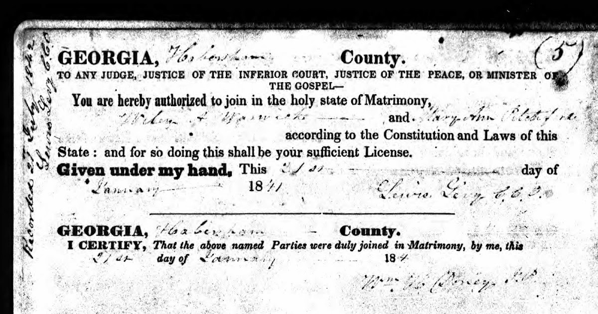 Tess's Tree Marriage license of Wiley Asbury Warwick and Mary Ann