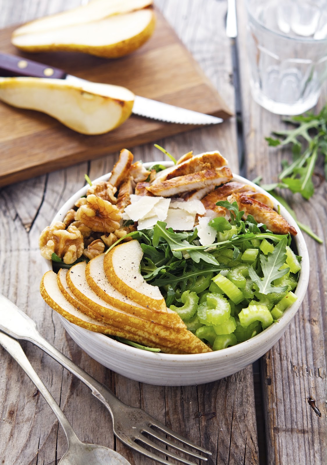 Grilled Chicken Arugula and Pear Salad with Toasted Walnuts