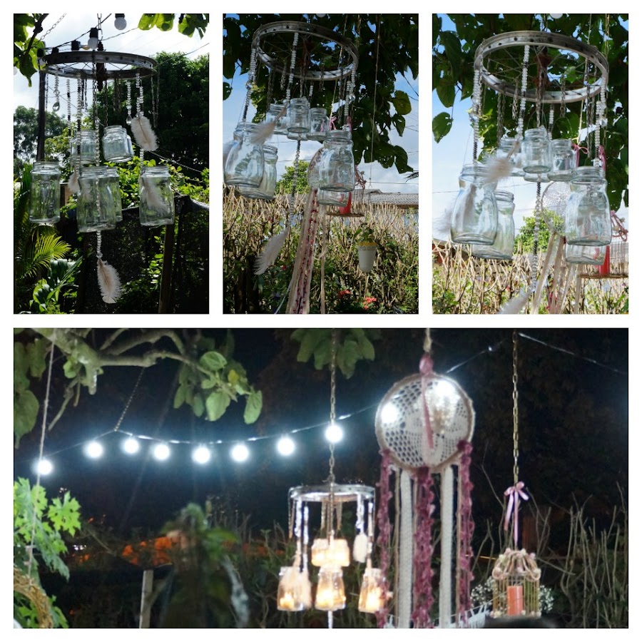 Decoración fiesta rústica, bohemia (boho), ecológica,low cost, jaulas decoradas, lamparas con botellas, reciclaje, reciclados, muebles antiguos, atrapasueños, fiesta exterior, fiesta, exteriores, campestre, aire libre