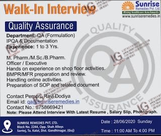 Sunrise Remedies jobs for Quality Assurance apply now 