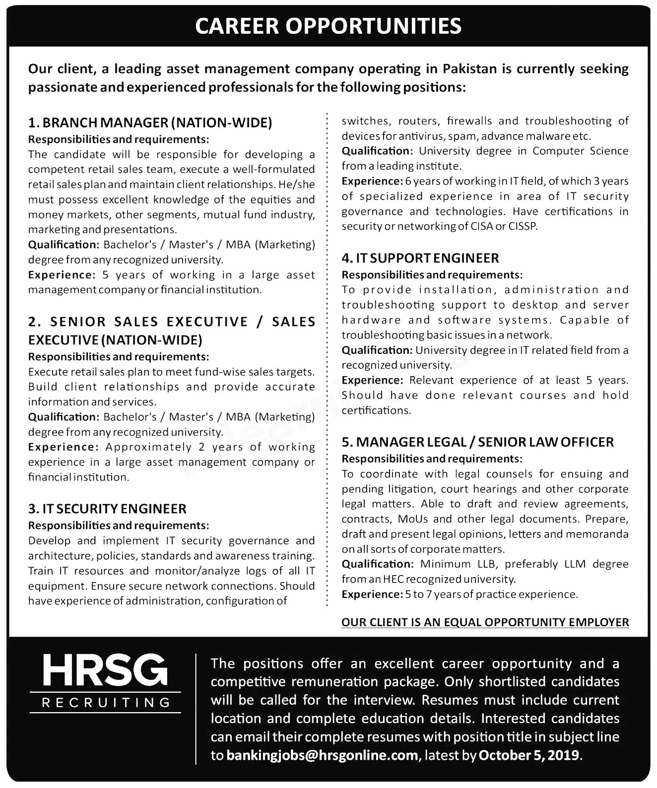 Assets Management Company Jobs 2019 For Branch Managers, Sales Executives, IT Support Engineers