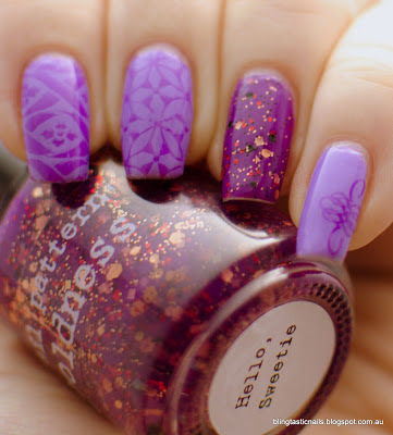 Nail Pattern Boldness Hello Sweetie with purple stamping