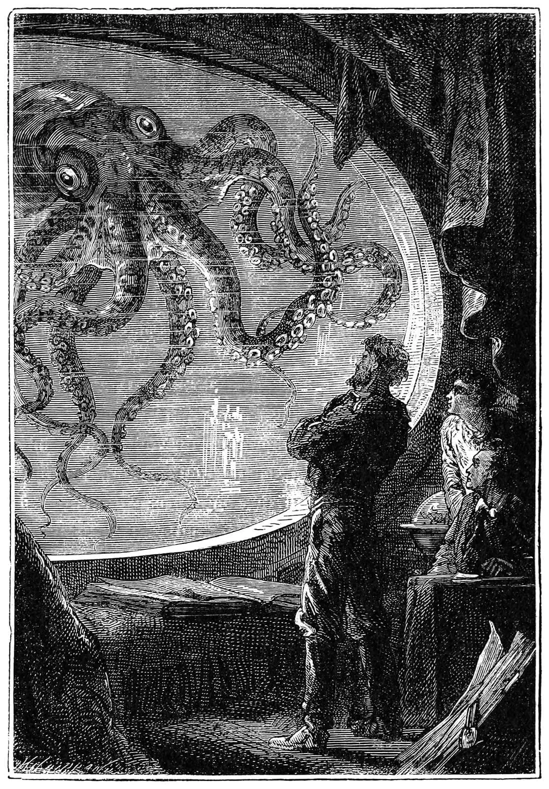 Grabado de 20.000 Leguas de Viaje Submarino, por Alphonse de Neuville
