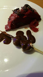 Chocolate fondue and red velvet cake