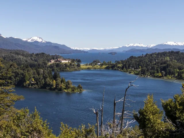 View of Lake Nahuel Huapi and Llao Llao Hotel beyond on the Circuito Chico in Bariloche Argentina