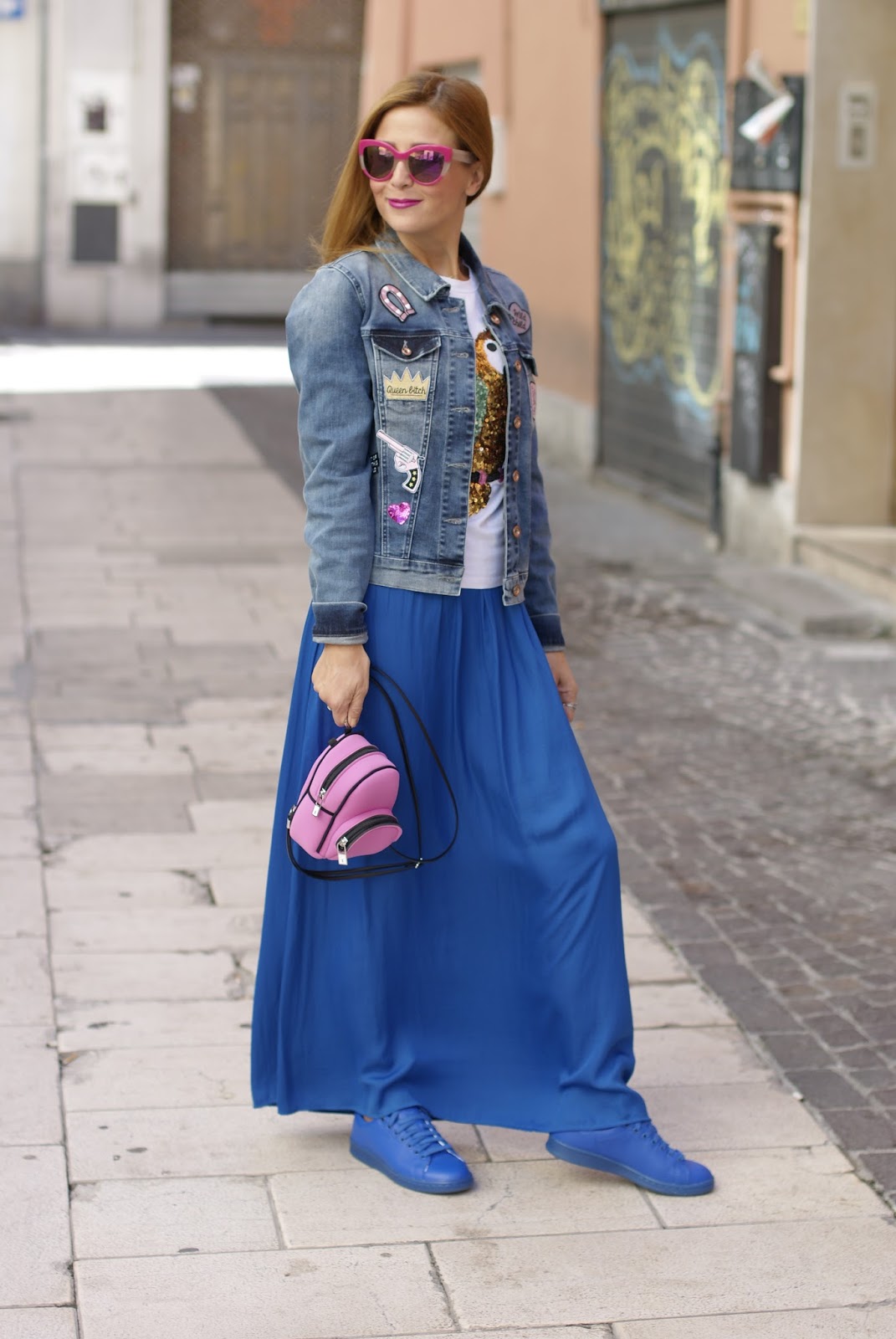 Denim jacket with patches and Save My Bag backpack on Fashion and Cookies fashion blog, fashion blogger style