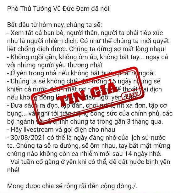 Giả mạo phát ngôn của Phó Thủ tướng Vũ Đức Đam về dịch COVID-19