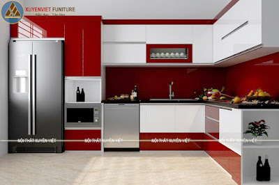 Tủ bếp đẹp hiện đại màu đỏ nhà Mai - Hải phòng