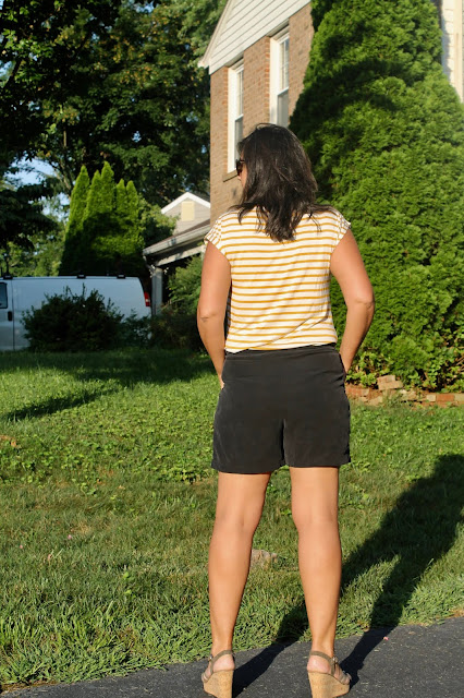 Black cupro twill shorts handmade from the Simplicity 1887 sewing pattern.