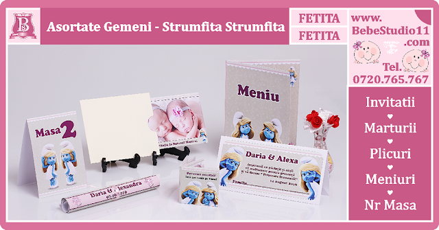 produse asortate botez gemeni fata-fata Strumfita