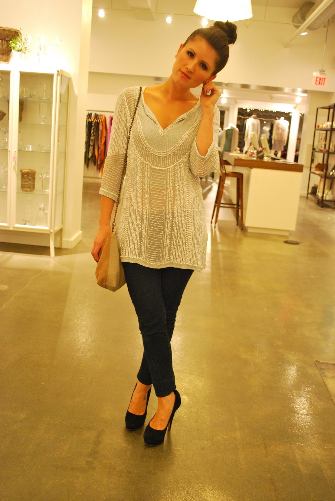 November Grey: Beaded Top & Jeans for a Holiday Party!