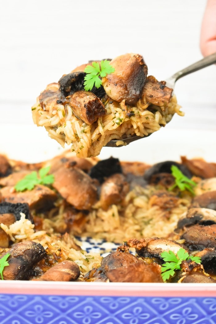 Mushroom Rice Bake with Gravy Tinned Tomatoes