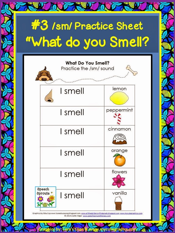 FREEBIE! Smell Bottle Activity Practice Sheet for /sm/ Articulation Free sense of smell activity for initial s-blends