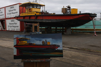 plein air oil painting of the 'Poolya' work boat at Glebe Island by artist Jane Bennett