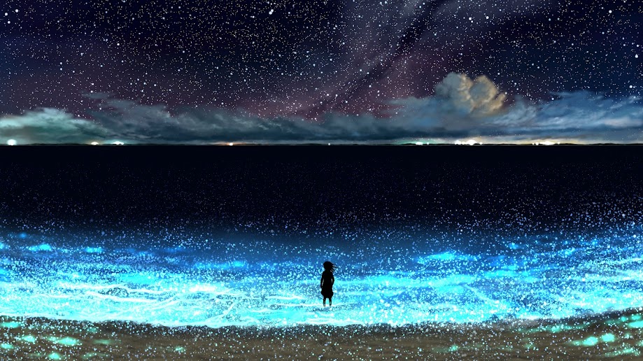 Anime, Night, Sky, Stars, Beach, Scenery, 4K, #88 Wallpaper