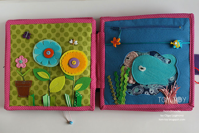 Quiet book for Olivia. Handmade busy cloth book for a girl, garden, sea page